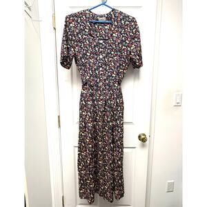 Swing Floral Dress Maxi Black Cottagecore Vintage Style Shell Buttons Size M